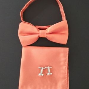 New Orange Bow Tie Pocket Square And Cuff Links